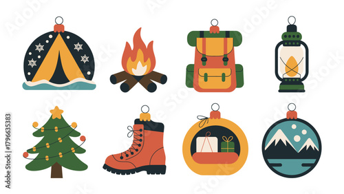 Camping and Christmas Ornaments: A vibrant collection of camping and Christmas themed ornaments, each a miniature symbol of adventure and holiday cheer, bringing a festive touch to any space.