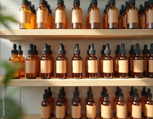 Wallpaper Mural Amber glass bottles with droppers neatly arranged on wooden shelves. Bottles store liquid products like oils, serums, remedies. Organized for easy access, display in retail setting. Torontodigital.ca