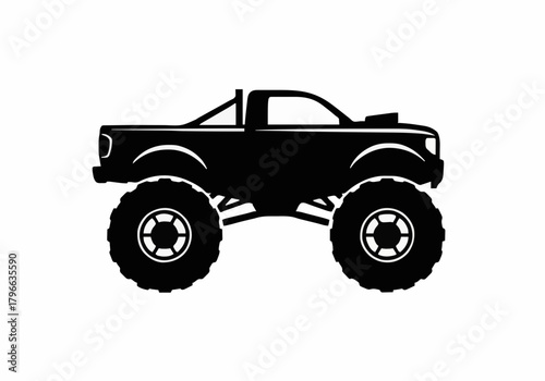Black silhouette vector icon of a powerful monster truck side view symbolizing offroad racing extreme sports and automotive power