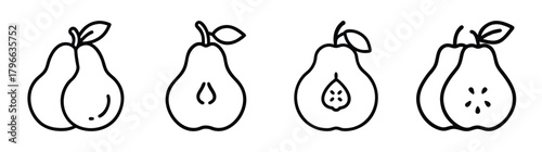 Four simple outline drawings of pears showing whole and halved fruit