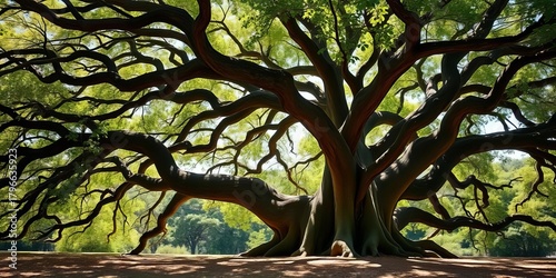 Ancient oak, sprawling branches offering dappled shade,   landscape,  relief