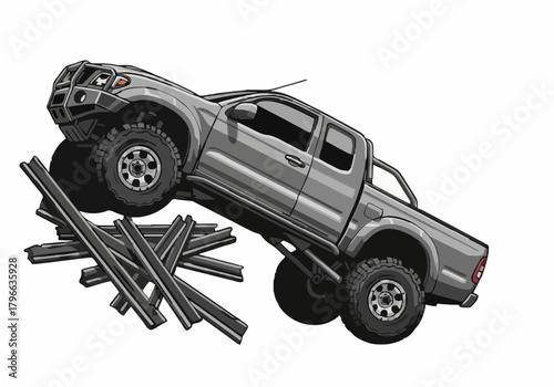 Vector illustration of modified heavy duty pickup truck driving over crushed metal wreckage isolated on white background