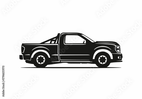 Black vector silhouette illustration of rugged heavy duty pickup truck profile side view graphic icon symbol design element utility vehicle