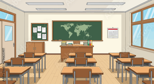 Engaging cartoon classroom scene with desks, world map, and calendar perfect for educational materials or back to school promotions