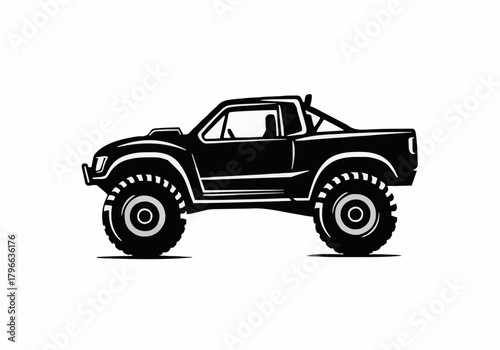 Black silhouette vector illustration of a powerful offroad pickup truck with massive tires designed for extreme terrain and motorsport competition