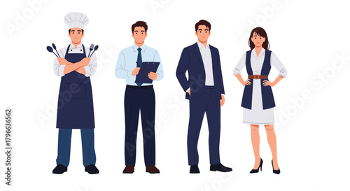 Diverse professional team standing confidently in uniform and business attire ready for success in their respective careers and industries
