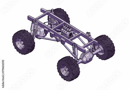 Isometric vector drawing of heavy duty monster truck chassis frame suspension system engine and oversized offroad tires on isolated white background