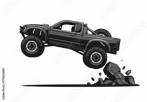 Black monster truck vector illustration jumping over debris and rock isolated on white background extreme offroad racing action sport concept design element