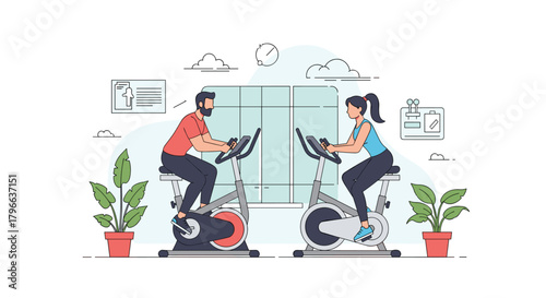 Energetic couple cycling in modern gym offers a health and fitness concept for advertising workout routines or wellness programs at home