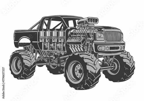 Dramatic vector illustration shows a powerful black monster truck with a supercharged engine and oversized tires, emphasizing strength in a low angle perspective.