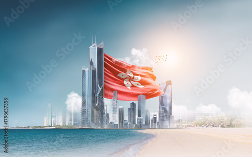 Hongkong flag waving behind modern skyline. Hongkong national flag for independence day.