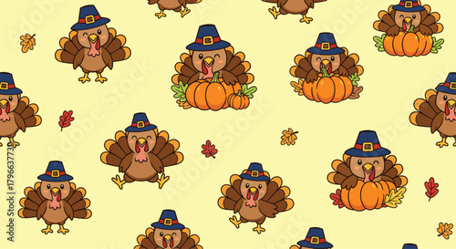 Cute Thanksgiving turkey pattern with pilgrim hats and pumpkins for festive seasonal designs and holiday celebrations, perfect for backgrounds