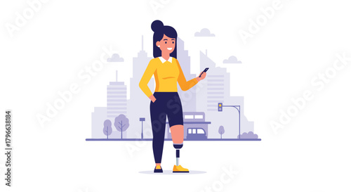 Confident woman with prosthetic leg uses phone in the city, embracing inclusivity and independence in modern lifestyle visuals today