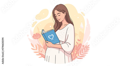 Beautiful pregnant woman reading a book with heart on cover surrounded by soft floral designs radiates joy and anticipation for motherhood