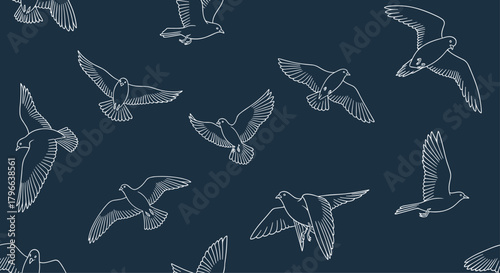 Serene flock of doves in flight against deep blue backdrop, elegant pattern for peaceful designs and inspirational projects, calming and uplifting