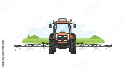 Efficient orange tractor spraying fields for modern agriculture and farming technology innovations in rural landscape offering promise