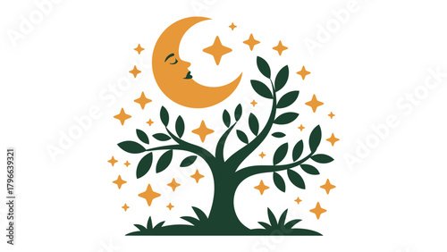 Moonlit Dreamscape:  A tranquil illustration of a smiling moon, stars, and a tree, creating a scene of peaceful serenity under the night sky. 