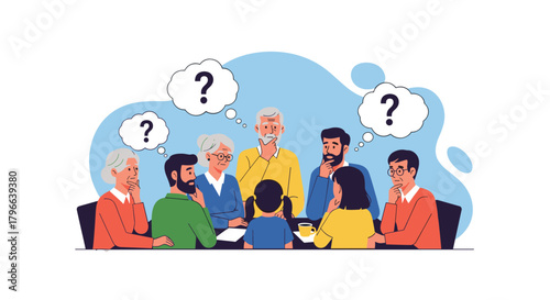 A diverse group of people sitting around a table with question marks above their heads symbolizing confusion and seeking answers.