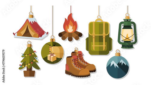 Camping Christmas Ornament : Festive camping-themed ornaments, including a tent, bonfire, backpack, lantern, Christmas tree, gift, and hiking boots, create a joyful holiday atmosphere.