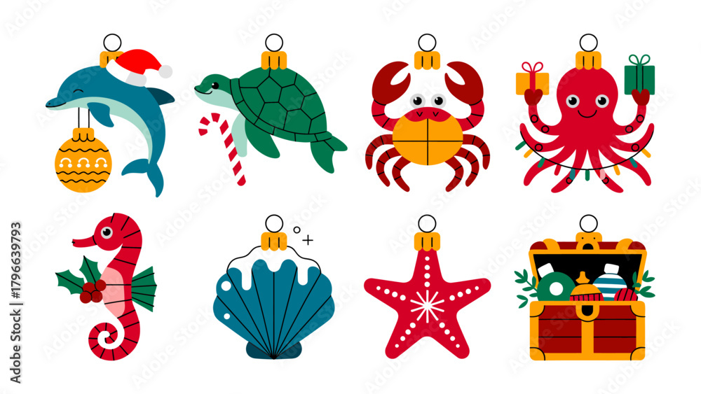 Naklejka premium Festive Marine Ornaments: A vibrant collection of whimsical, marine-themed ornaments, each adorned with festive elements, promising holiday cheer and a touch of nautical charm.