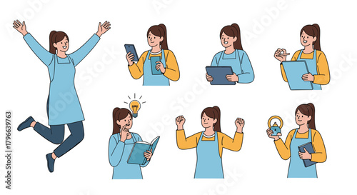 Collection of pixel art illustrations of a woman in various work-related poses and activities.