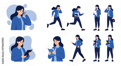 A businesswoman depicted in various professional activities and poses.