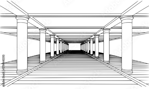 One-Point Perspective Drawing of a Long Colonnade Hallway or Stoa with Ionic Columns and Receding Depth, Black and White Vector Sketch