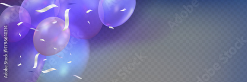 Purple birthday or anniversary horizontal banner with flying helium balloons and confetti ribbons. Realistic 3d vector illustration of holiday