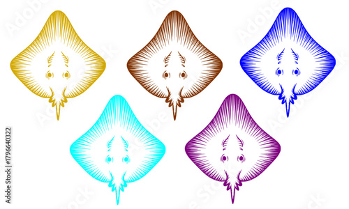 Stylized Stingray or Skate Vector Illustration Set in Five Vibrant and Trendy Colors, Abstract Ocean Life Line Art for Marine, Aquatic, and Underwater Design Projects.
