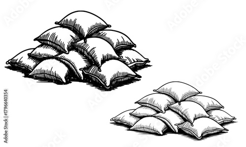 Hand-Drawn Sketch of a Stack of Soft Pillows or Cushions Piled in a Heap, Sleep Comfort and Relaxation Concept Vector Illustration