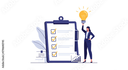 Brilliant business woman presenting innovative ideas with checklist and rising graph, embodying growth and success in a modern workplace