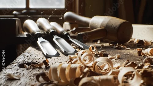 Woodworking scene chisels  wooden mallet rest amongst wood shavings on aged workbench near window