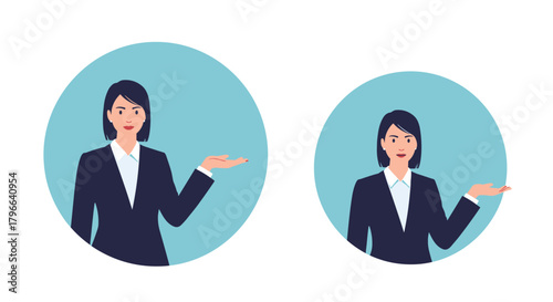 Two businesswomen in suits presenting with open hands in a circular frame.