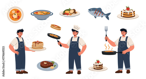Illustration of chefs preparing delicious food and various dishes on a white background.