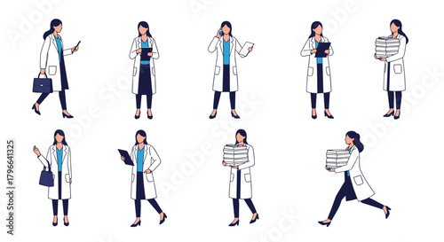 Diverse medical professionals in laboratory coats perform various tasks and poses.