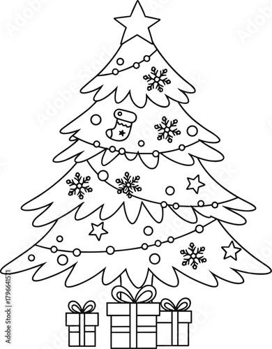 Christmas tree with gifts, festive holiday outline, decorated pine drawing, black line art, winter celebration clipart, ornament graphic, vector