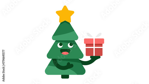Cheerful Festive Gift: A charming animated christmas tree figure with a smiling face holding a wrapped present, a perfect emblem of holiday cheer and festive giving.