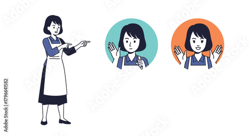 A person in an apron gesturing towards two circles with faces inside showing different emotions.