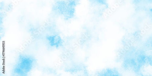 Refreshing sky blue watercolor texture with smooth  clouds or fog,  dreamy blue sky with watercolor white stains patterns for artistic design projects.
