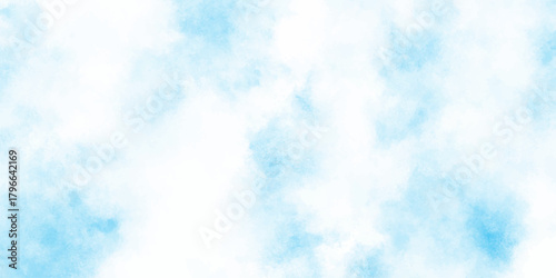 Refreshing sky blue watercolor texture with smooth  clouds or fog,  dreamy blue sky with watercolor white stains patterns for artistic design projects.
