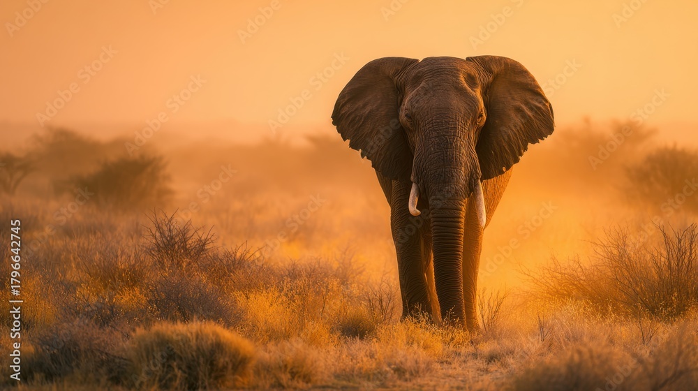 Obraz premium Elephant at Sunset: An majestic African elephant stands tall on the horizon, bathed in the golden hues of a setting sun. The vast African savanna envelops the scene in a warm, ethereal glow.