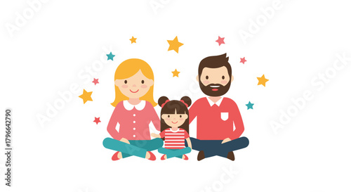 Adorable family enjoying quality time together in a playful illustration with colorful stars, perfect for heartwarming designs and creative projects