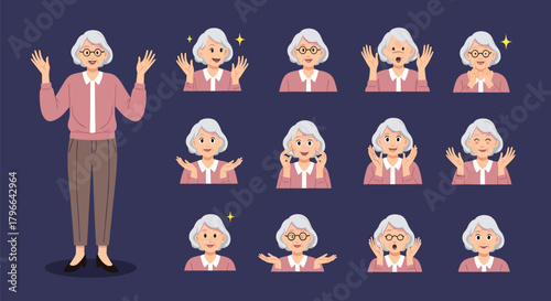 A collection of pixel art expressions on the face of an elderly woman.