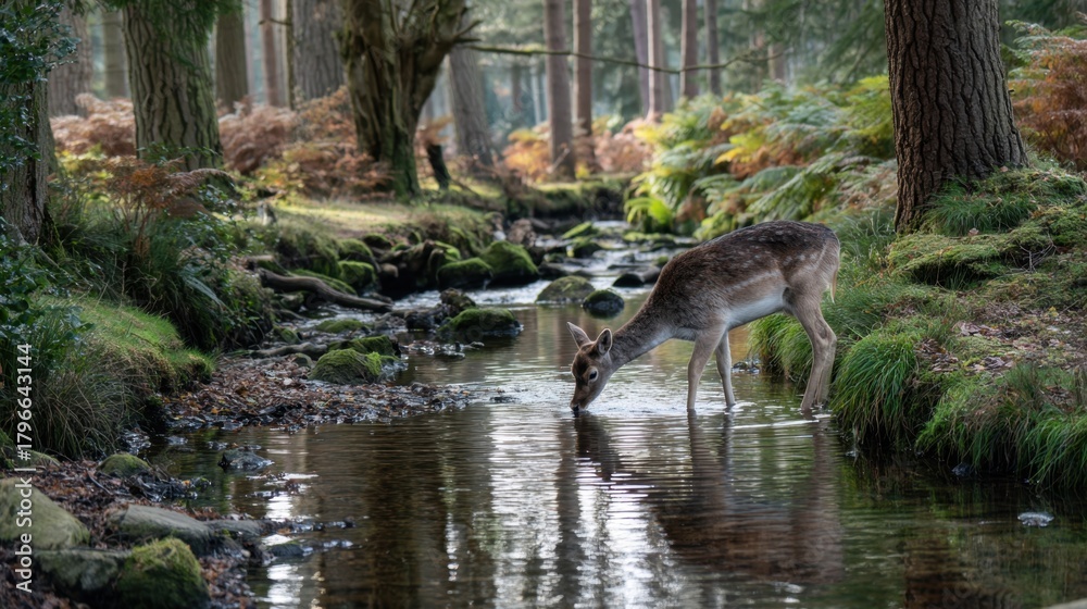 Fototapeta premium Deer at River's Edge: A tranquil scene unfolds as a graceful deer pauses at the water's edge, delicately sipping from a clear stream amidst a lush forest landscape, showcasing nature's serenity.