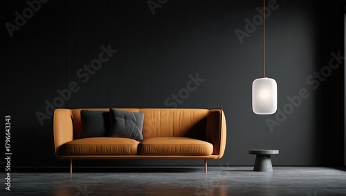 Modern living room featuring an orange sofa, black wall, and minimalist lighting