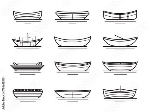 Rowboat line art gentle ocean waves