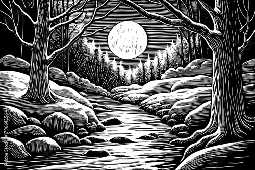 moonlight reflects on frozen snow and dark branches, illuminating the silent forest with a soft bluish glow under a clear winter sky