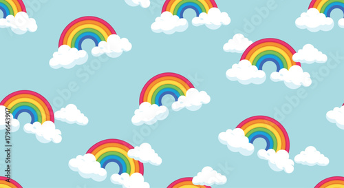Cheerful rainbow pattern with fluffy clouds against a light blue sky creates a whimsical and playful backdrop, perfect for children's designs