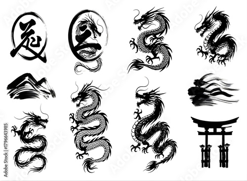 Dragon and calligraphy ink art collection