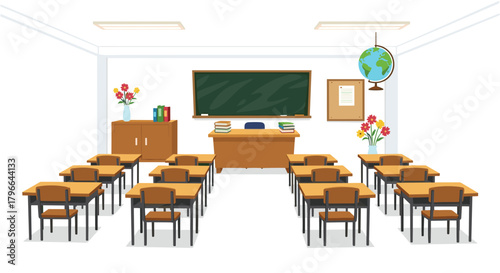 Inviting classroom setting with desks and chalkboard perfect for back to school promotions or educational resource materials for teachers
